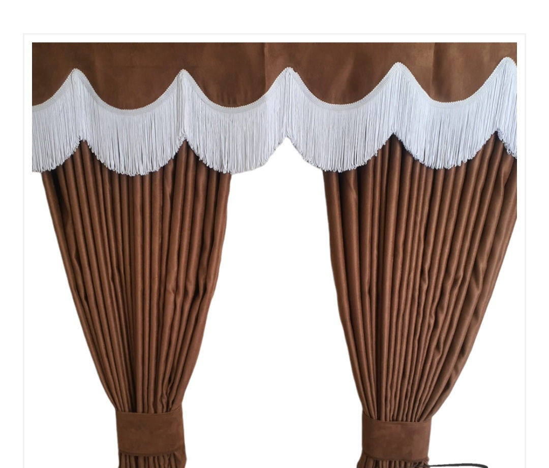 Brown / White TRUCK CURTAINS SET PREMIUM QUALITY DOUBLE LINED